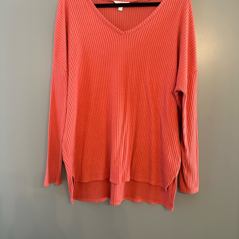 Time & Tru Ribbed V-Neck Sweater in Coral